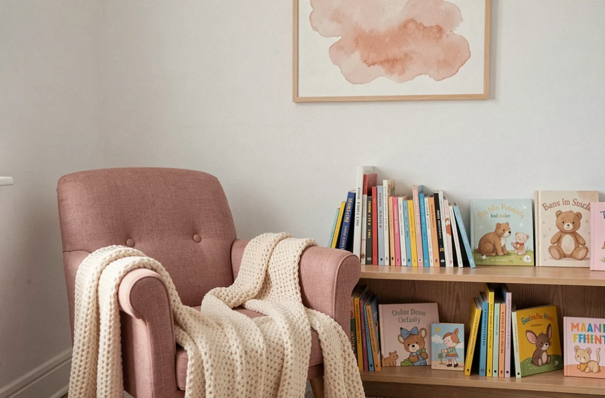 Coin lecture dans une chambre d'enfant avec fauteuil rose poudré et bibliothèque en bois, palette de couleurs douces pour favoriser le repos