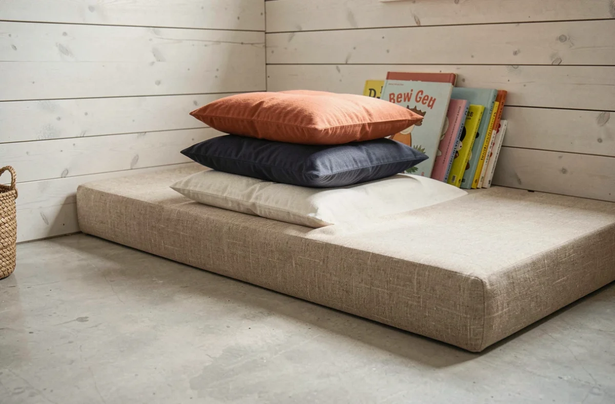 Coin lecture scandinave dans chambre garçon avec alcôve en bois blanchi, coussins terracotta et livres empilés