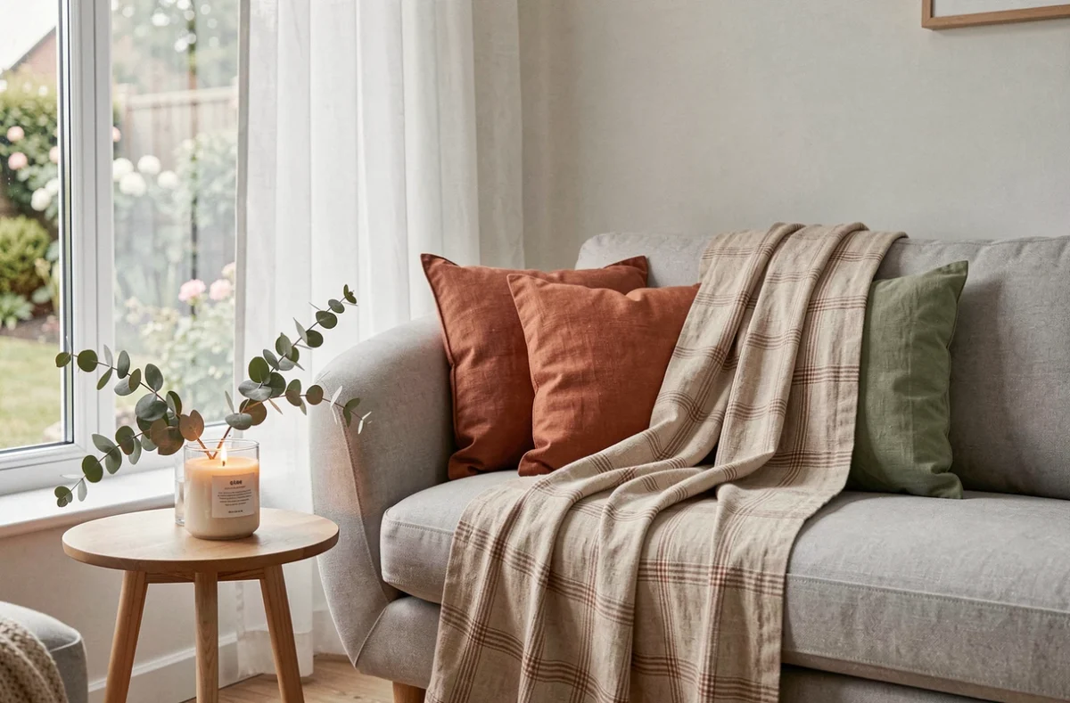 Coin salon décoré avec un plaid lin lavé beige sur un canapé gris, coussins terracotta et bougie allumée
