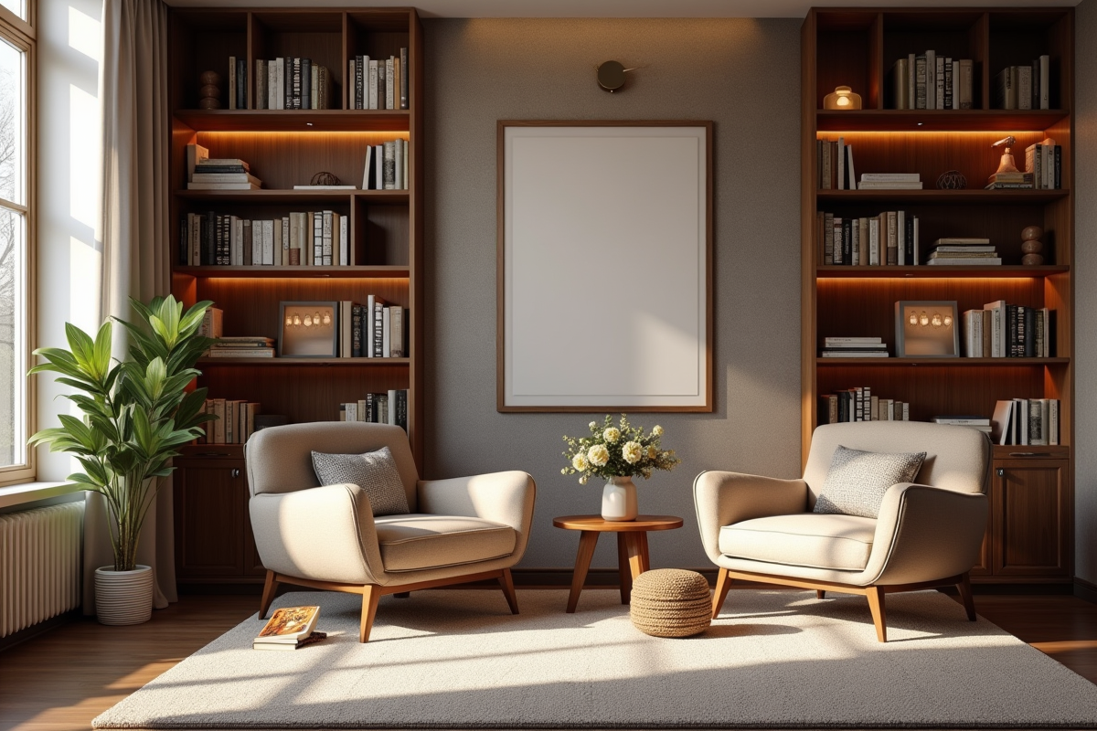 Coin lecture cosy avec fauteuil design et étagères hautes