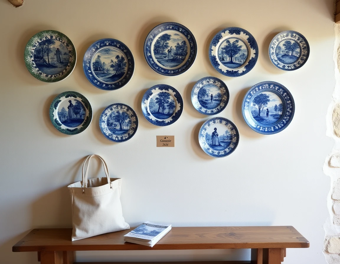 Collection d'assiettes faïence de Moustiers accrochées sur un mur en pierre blanchie dans une maison provençale avec étiquettes de prix artisanales