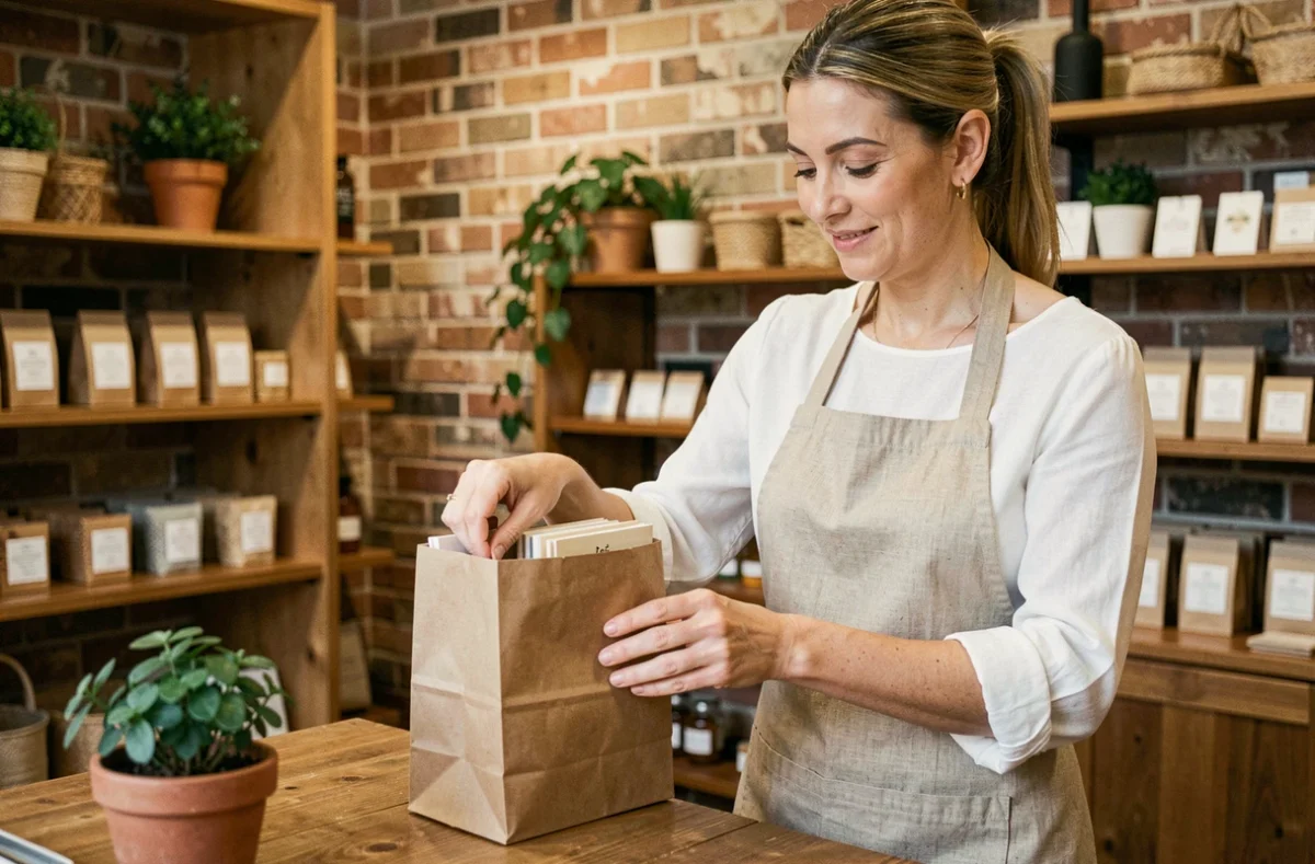 Commerçante plaçant des articles dans un petit sac en kraft recyclé sur le comptoir de sa boutique écoresponsable