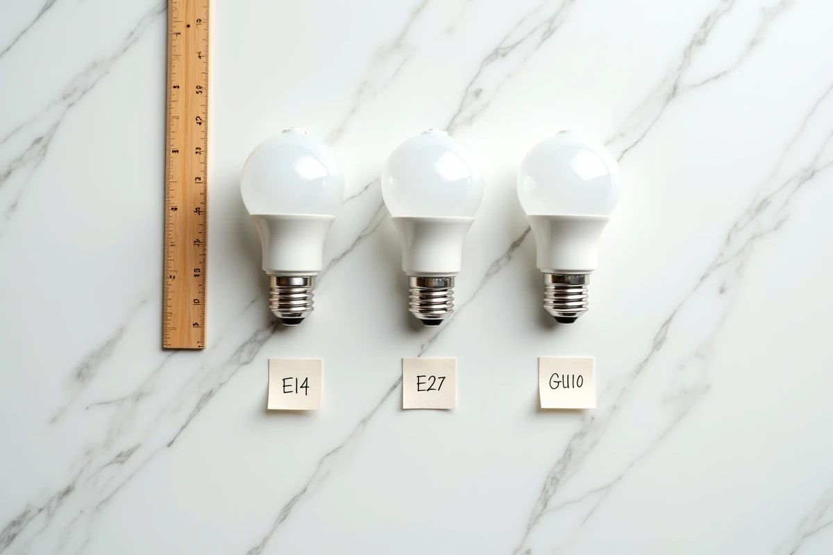 Comparaison des types de culots d'ampoules E14 E27 et GU10 sur un plan de travail en marbre