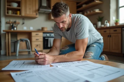 Homme comparant des devis de travaux de rénovation dans une cuisine en cours d'aménagement