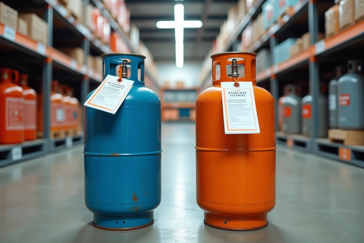 Comparaison de deux bouteilles de gaz butane de marques différentes dont Clairgaz avec étiquettes de prix en magasin