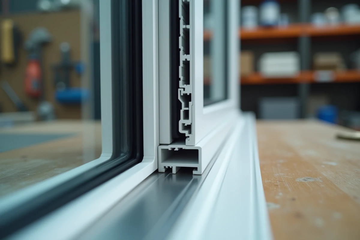 Comparaison en gros plan d'un profilé aluminium et d'un profilé PVC pour véranda posés sur un établi d'atelier