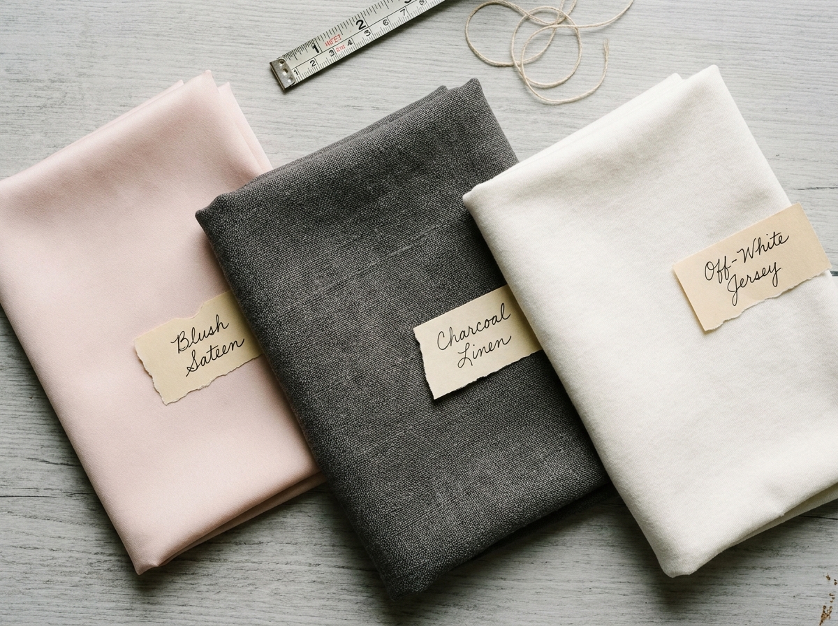 Comparaison de différents tissus de linge de lit en coton satiné, lin et jersey disposés en flat lay sur fond gris bois