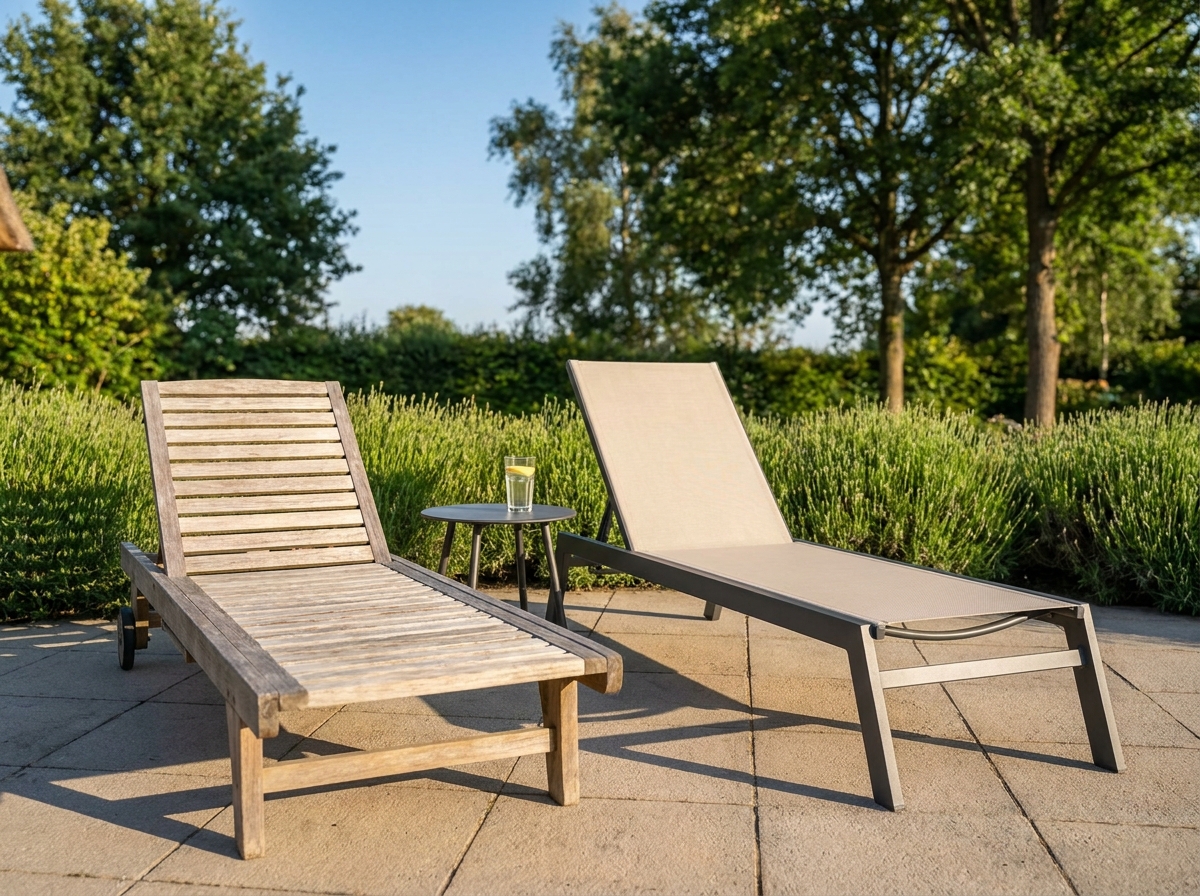 Comparaison côte à côte d'un transat en bois de teck et d'un bain de soleil en aluminium sur une terrasse de jardin pavée