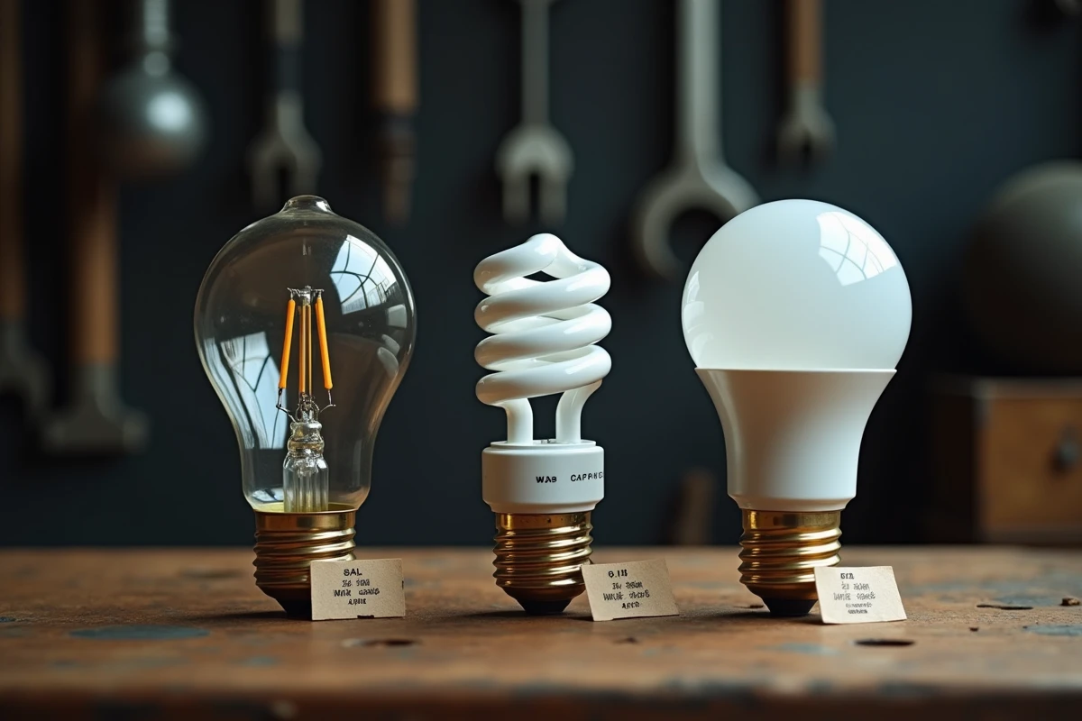 Trois types d'ampoules côte à côte sur un établi avec étiquettes de watts et lumens pour comparaison