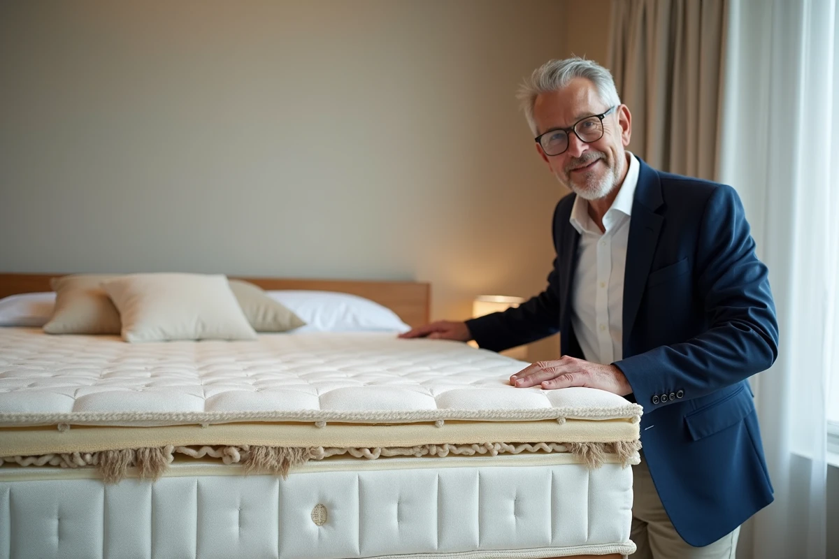 Conseiller en literie présentant la coupe transversale d'un matelas Duvivier de qualité supérieure dans un showroom épuré