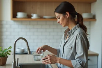 Femme remplissant un verre d'eau au robinet dans une cuisine d'appartement pour mesurer sa consommation quotidienne