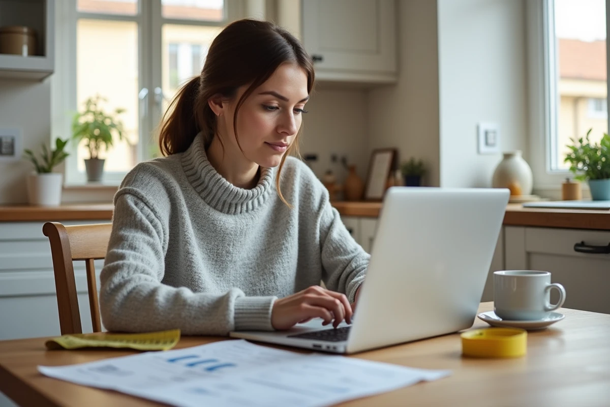 Femme consultant un devis de travaux en ligne sur un ordinateur portable dans une cuisine moderne