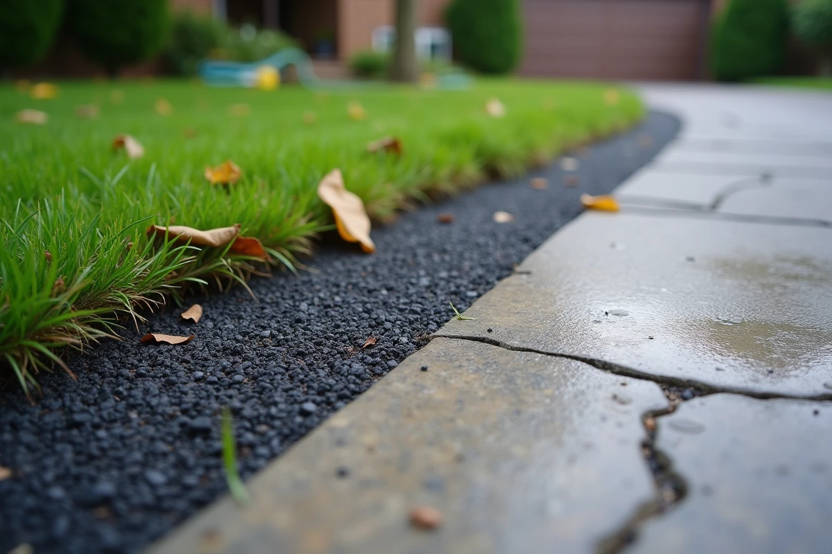 Contraste entre asphalte neuf et béton fissuré sur une allée de maison, illustration des enjeux de l'enrobage maison