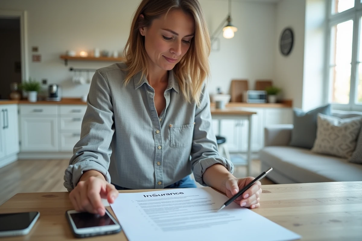 Femme consultant un contrat d'assurance transport de meubles assis à une table de cuisine moderne
