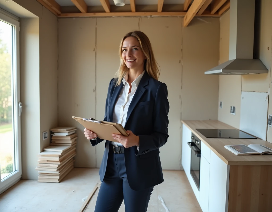 Coordinatrice de projet supervisant la rénovation d'une cuisine dans le cadre d'un service maison clé en main