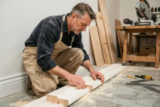Artisan professionnel réalisant une coupe à 45 degrés sur une plinthe en bois dans un atelier de menuiserie