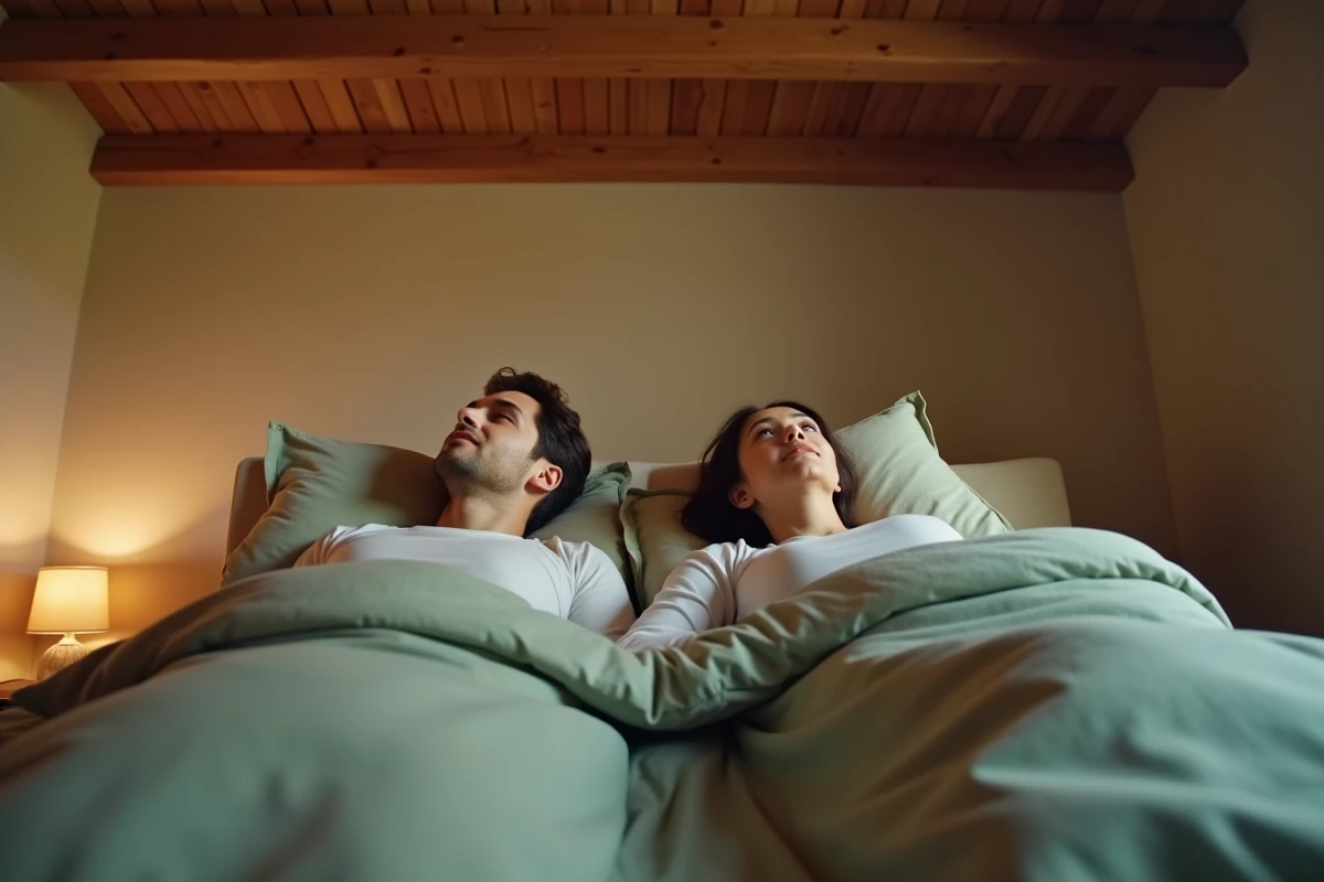 Couple allongé sur un matelas haut de gamme dans une chambre aux tons chaleureux, évaluant le confort de leur literie