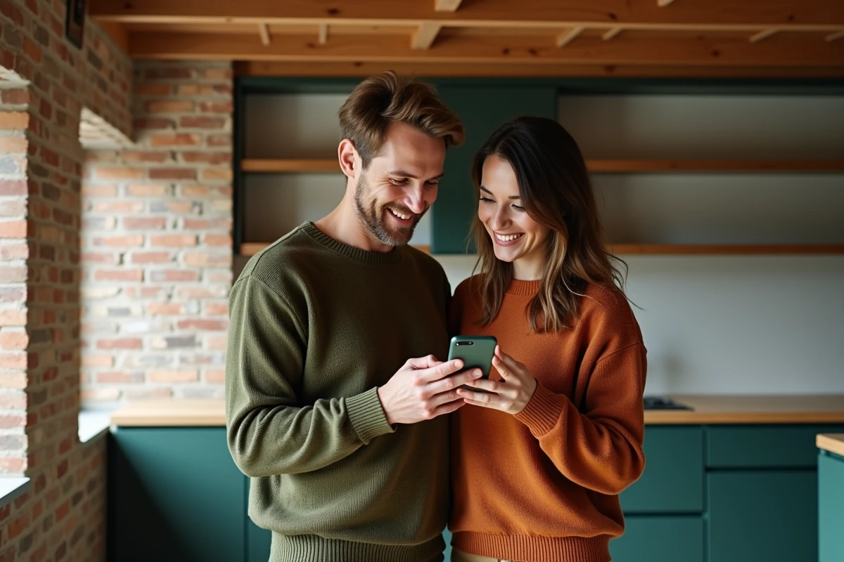 Couple consultant une application de décoration 3D sur smartphone dans une cuisine en cours de rénovation avec briques apparentes