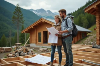 Couple en extérieur devant un chalet en construction en montagne