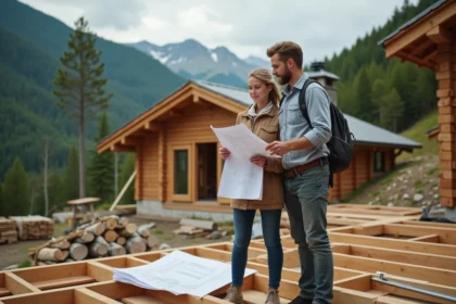 Couple en extérieur devant un chalet en construction en montagne