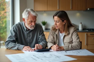 Couple discutant de plans d'extension maison dans la cuisine