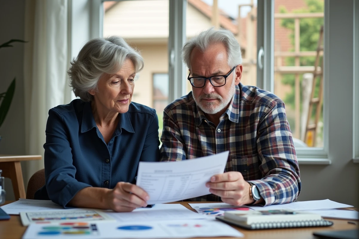 Couple étudiant ensemble une estimation de rénovation à domicile avec des échantillons de matériaux et un budget