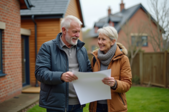 Couple devant leur extension de maison moderne en extérieur