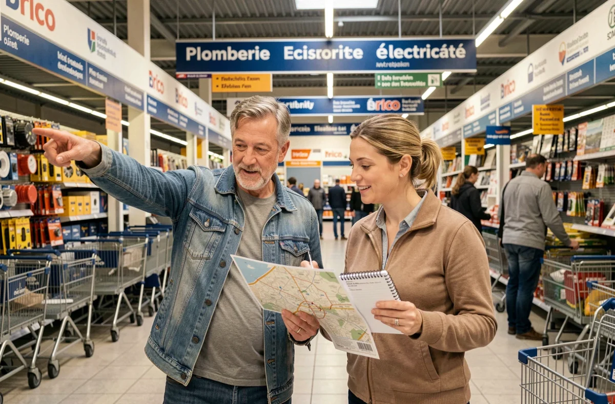 Couple consultant le plan d'un magasin Brico à l'entrée pour optimiser leur parcours d'achat en rayon