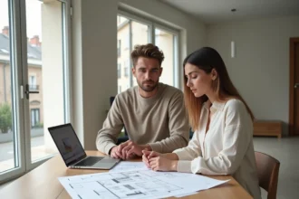 Couple examinant des plans de rénovation pour une maison clé en main sur la plateforme Monhabitoo.fr