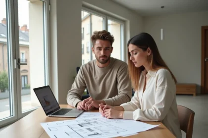 Couple examinant des plans de rénovation pour une maison clé en main sur la plateforme Monhabitoo.fr