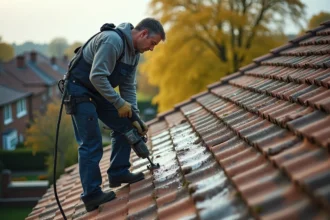 Couvreur vérifiant un toit sale avec mousse et traces