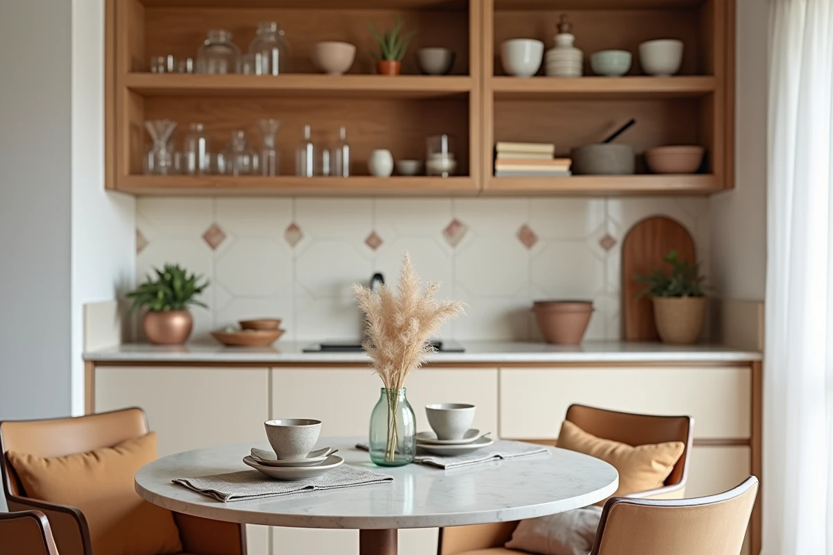 Coin repas et cuisine Airbnb décorés avec table en marbre, vaisselle artisanale et étagères en bois, style maison d'hôtes raffinée pour valoriser une annonce
