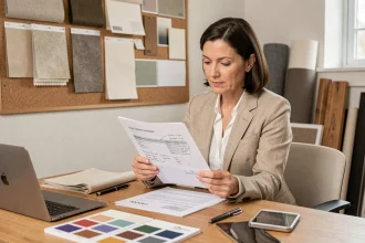 Décoratrice d'intérieur analysant un devis de décoration détaillé dans un studio de design professionnel