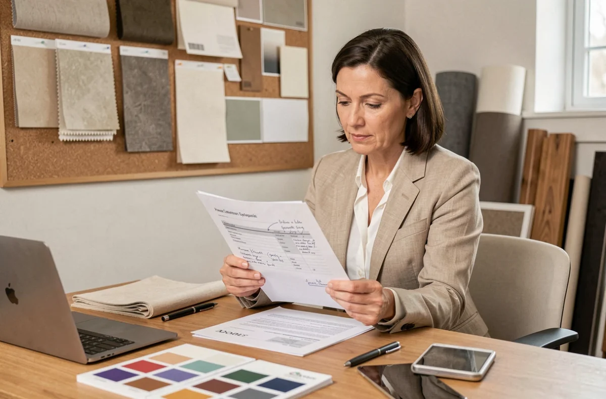 Décoratrice d'intérieur analysant un devis de décoration détaillé dans un studio de design professionnel