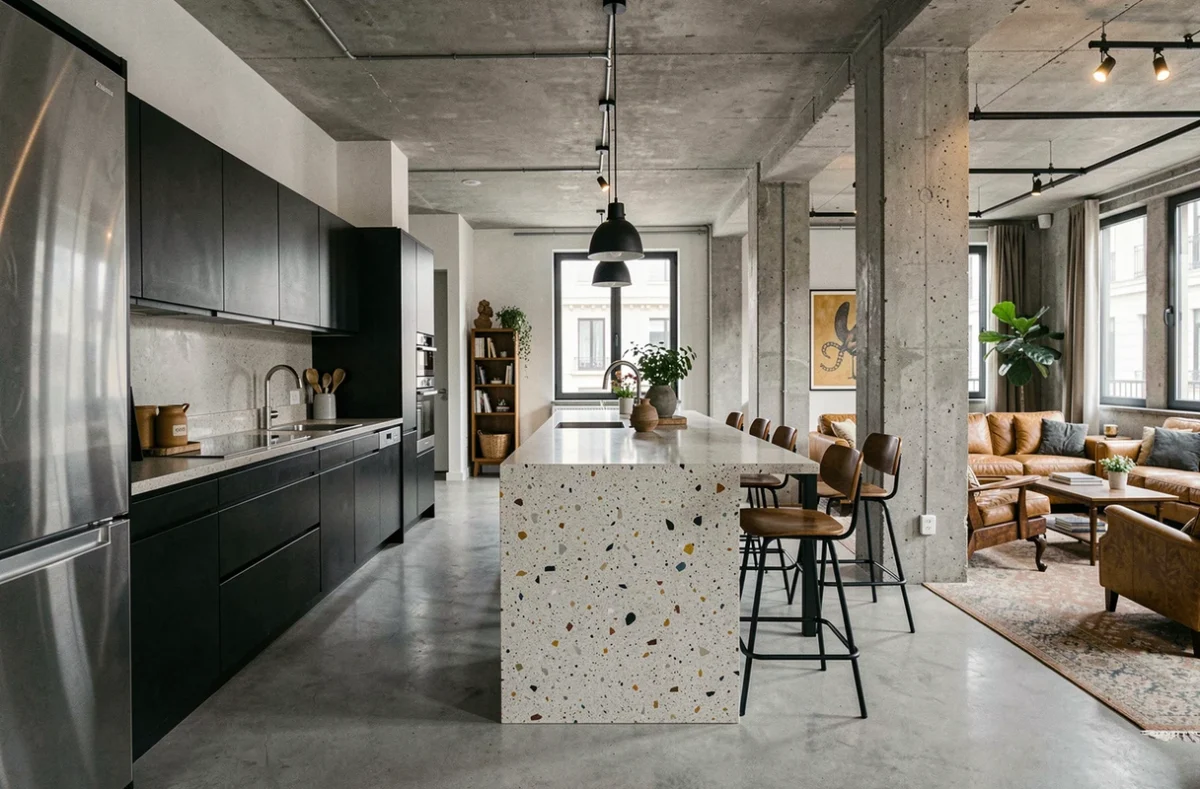 Loft contemporain à Dijon aménagé par Delphine Music-Choeur-Forey avec colonnes en béton brut, cuisine en acier noir et îlot central en terrazzo