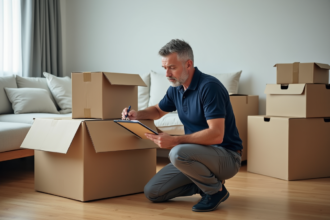 Homme déménageur vérifiant l'inventaire dans un appartement