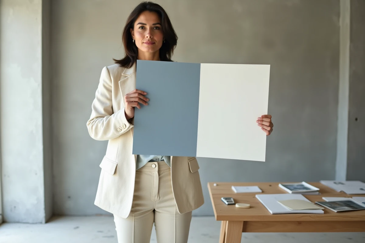 Designer d'intérieur comparant des échantillons de peinture blanc froid et blanc chaud lors d'une rénovation
