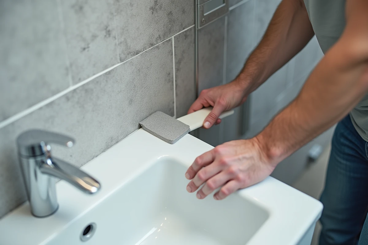 Gros plan sur le jointoiement précis d'une dalle PVC murale adhésive effet pierre dans une salle de bain