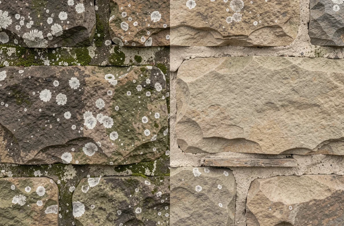 Détail comparatif d'un mur en pierre ancienne avant et après application d'un traitement STDH hydrofuge, montrant l'effet sur la porosité et les taches d'humidité