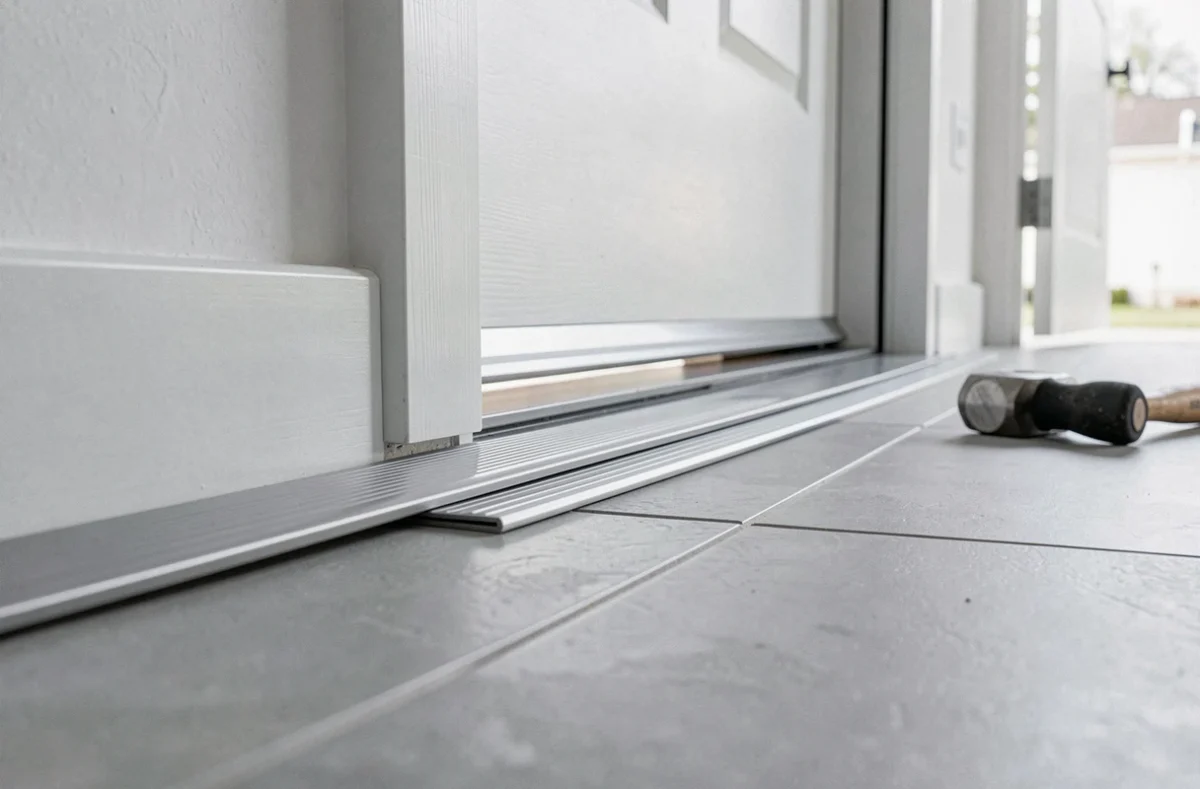 Détail du seuil et du joint bas d'une porte d'entrée nouvellement installée dans une maison neuve, montrant le joint balai et la barre de seuil sur carrelage gris