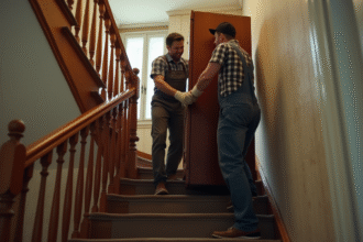 Deux hommes en overalls déplacent un piano dans un appartement