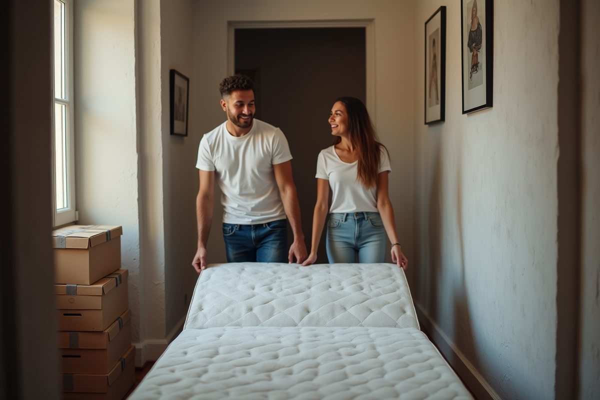 Jeunes adultes déplacent un matelas dans un appartement