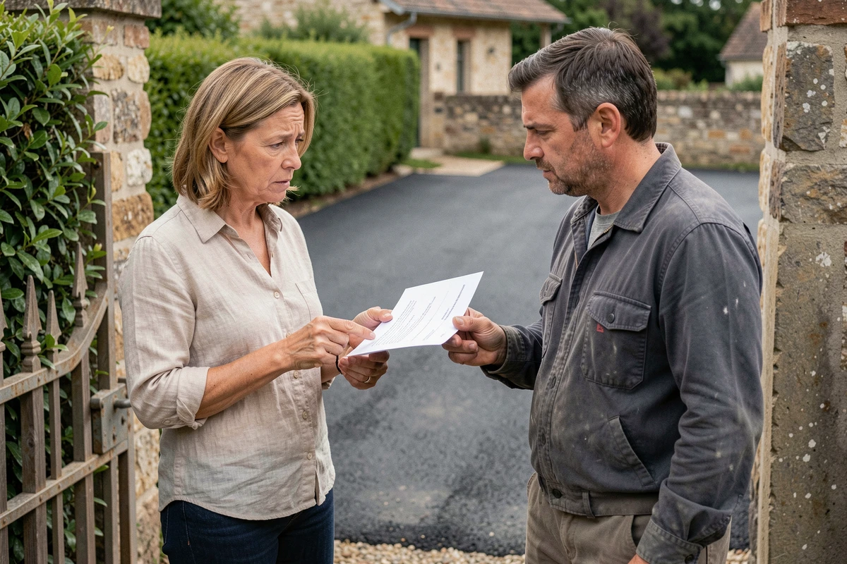 Propriétaire discutant d'un devis de pose d'enrobé drainant avec un artisan devant son allée