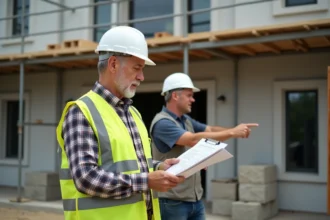 Particulier et artisan examinant un devis de travaux devant une maison en rénovation avec échafaudage