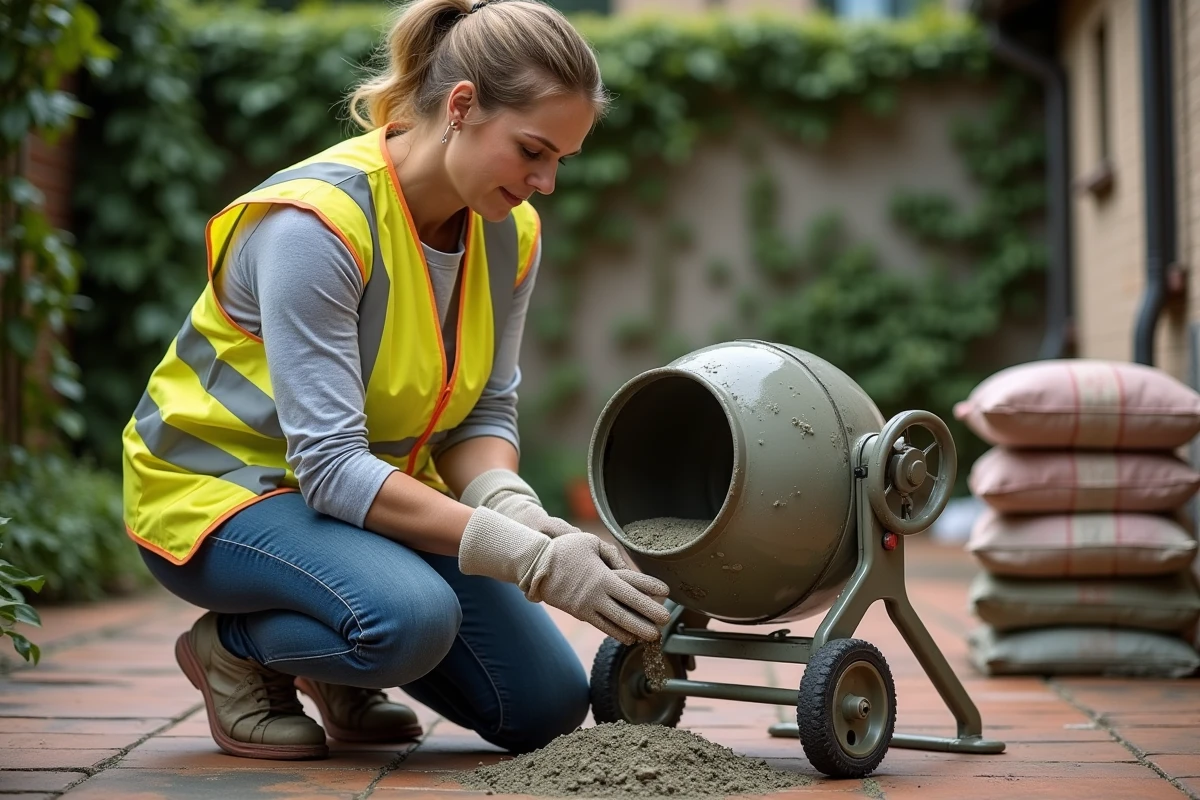 Femme dosant des pelletées de béton dans une bétonnière depuis un sac de 35 kg dans un jardin
