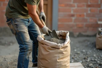 Ouvrier dosant du béton à la pelle depuis un sac de 35 kg sur un chantier résidentiel