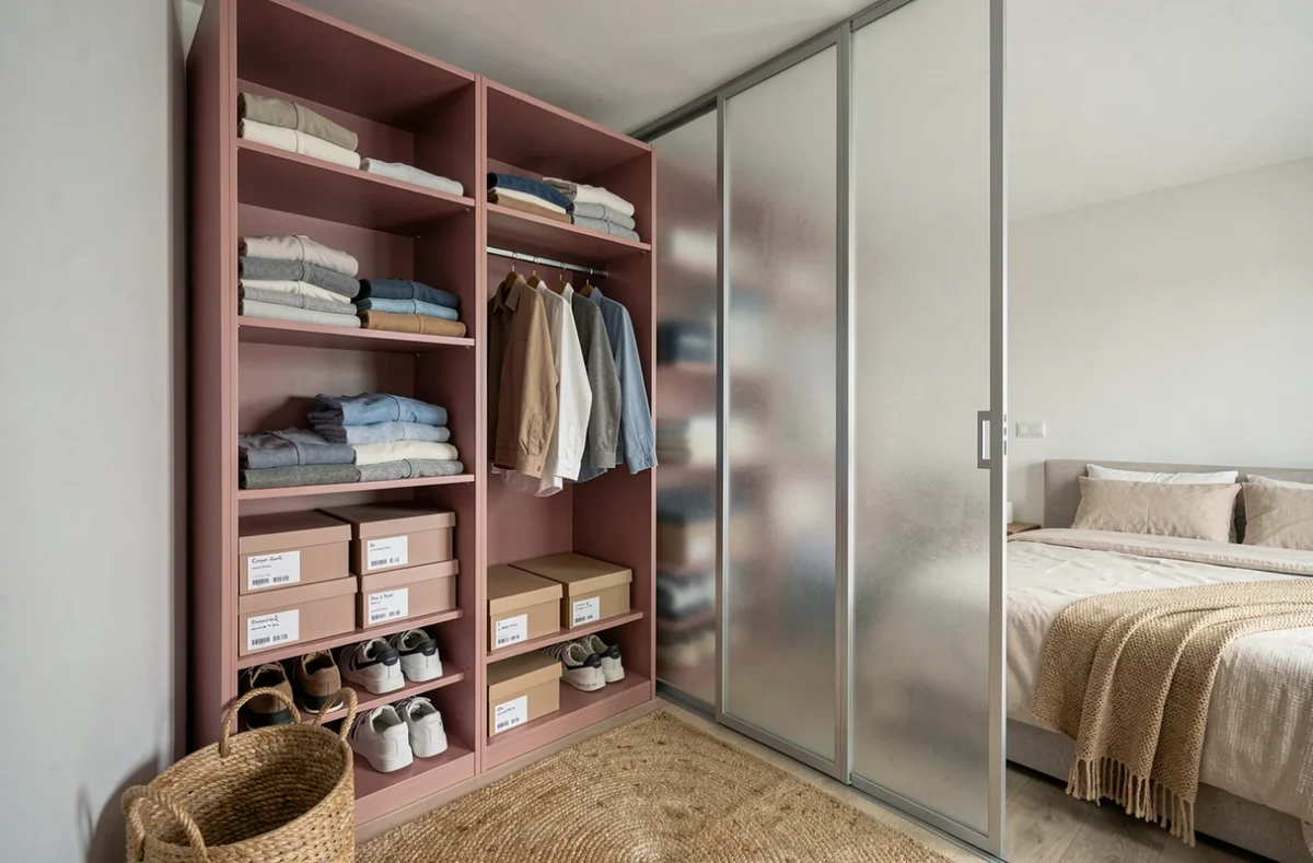 Dressing sur mesure en coin intégré dans une suite parentale de 15m2 avec rangements ouverts petit budget