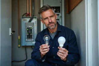 Électricien comparant une ampoule incandescente et une ampoule LED pour illustrer l'équivalence lumens et watts
