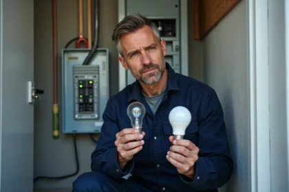 Électricien comparant une ampoule incandescente et une ampoule LED pour illustrer l'équivalence lumens et watts