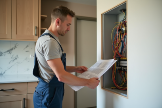 Électricien en action dans une cuisine moderne avec câbles colorés
